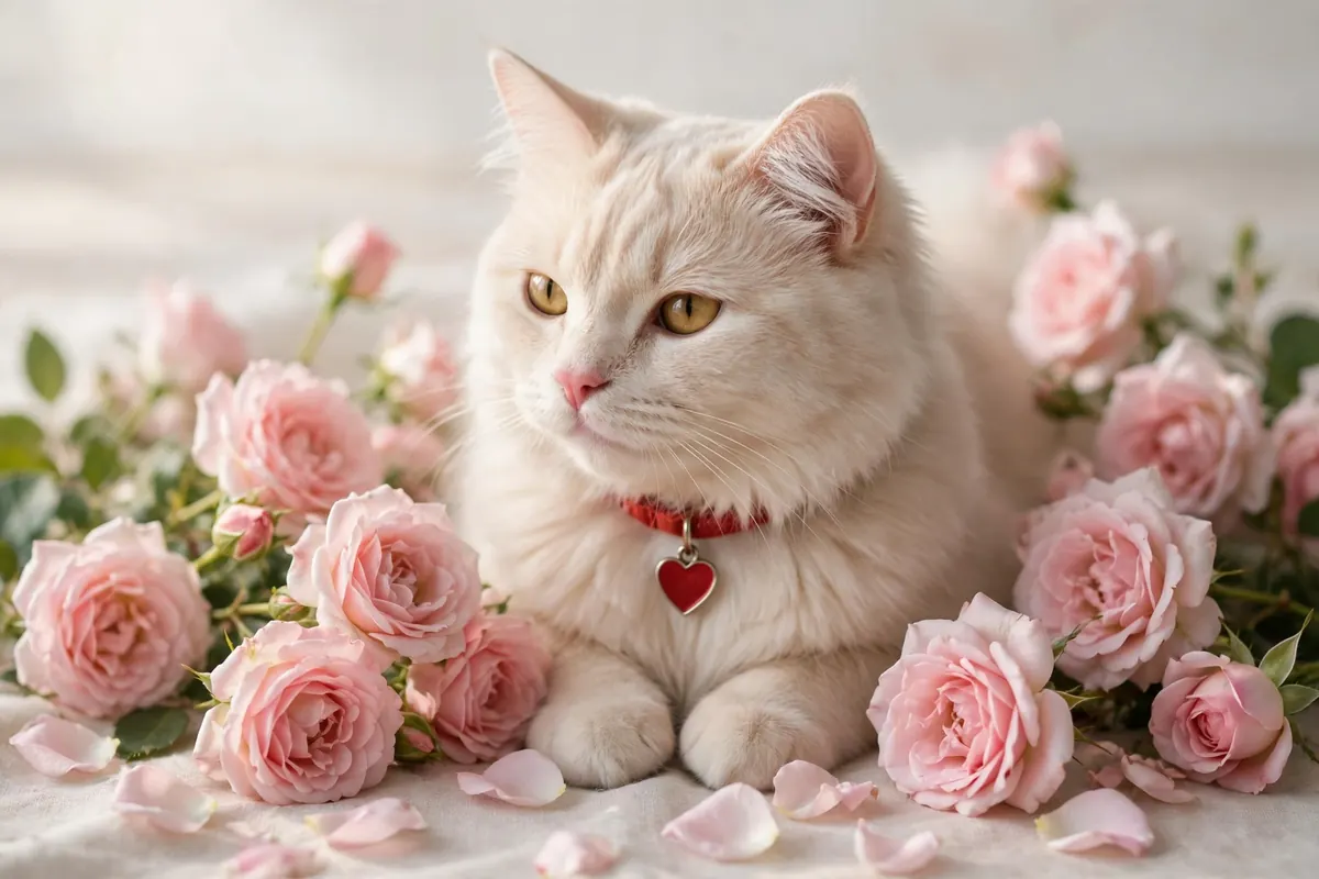 White kitten among pink roses - valentine cat names